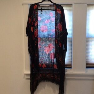 Chic Black Kimono with Red Floral Design